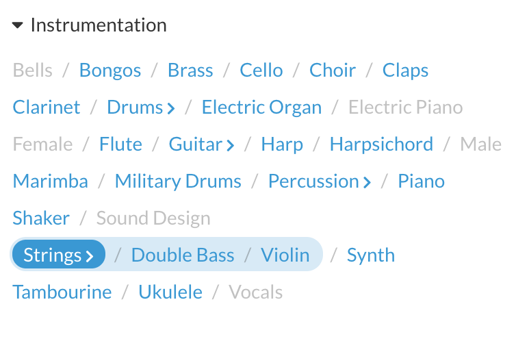 Double Bass and Violin have been nested into the tag Strings, which becomes the parent tag