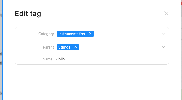 Example of the tag Violin becoming a child tag of Strings