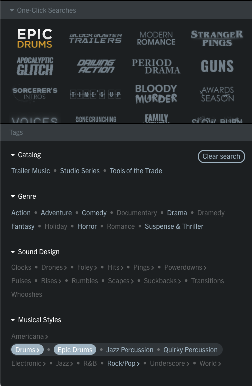 The user has selected the image ‘Epic drums’ which had the tags ‘Drums’ & ‘Epic Drums’ attached to it. It takes the user immediately to that theme of tracks (as seen on search.audiomachine.com)