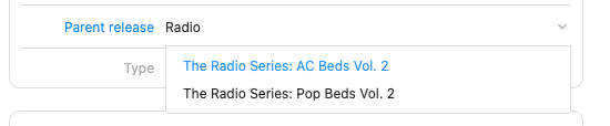 Typing ‘radio’ has given the autocomplete results of these two releases which can be selected to have this track attached to
