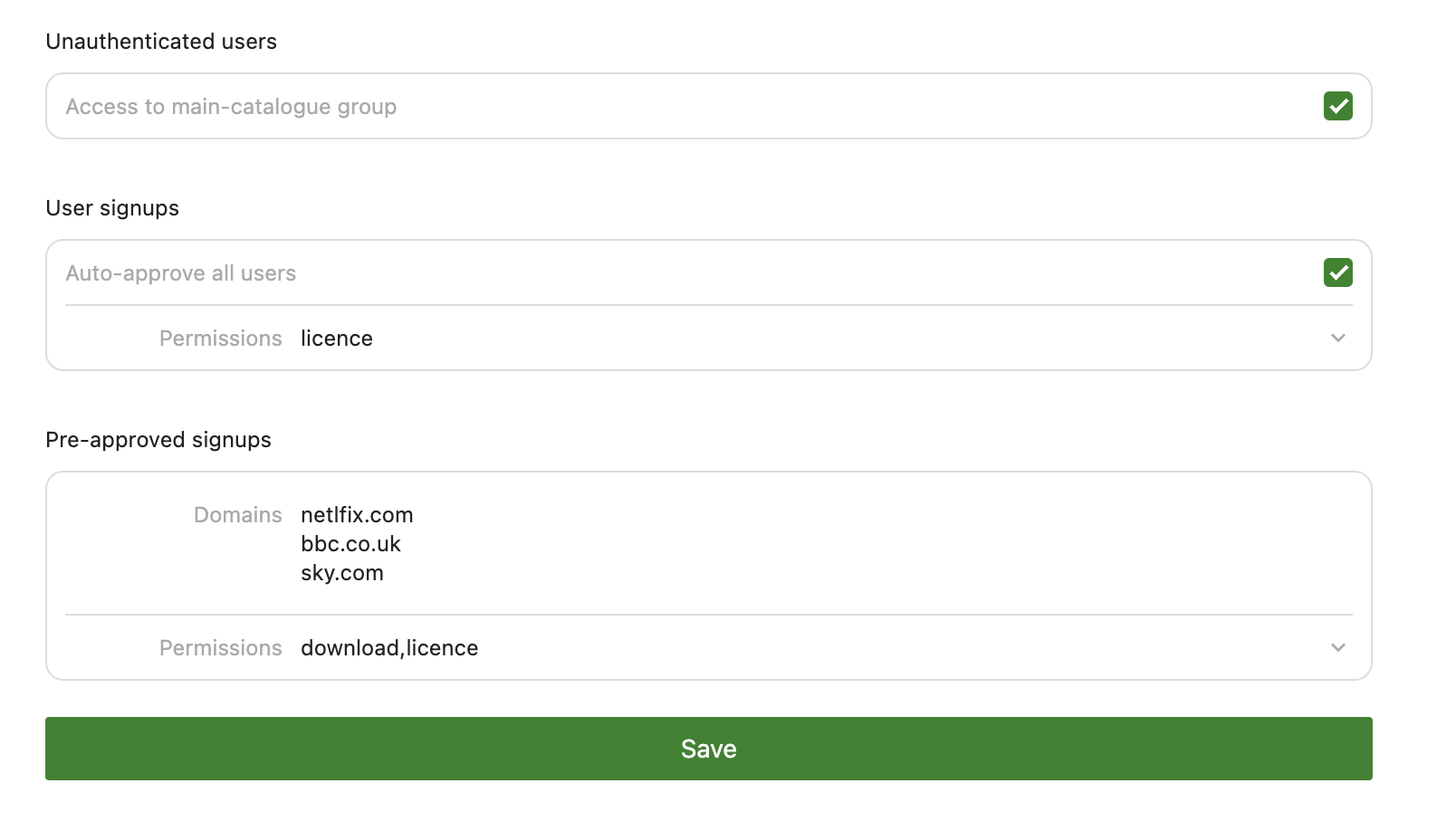 In this example, normal users will have to wait until an admin approves their status, i.e. from pending to approved, at which point the user will then have permission to license tracks. Alternatively, anyone who signs up with a netflix.com, bbc.co.uk or sky.com email account will bypass the pending stage and have the permissions license + download.